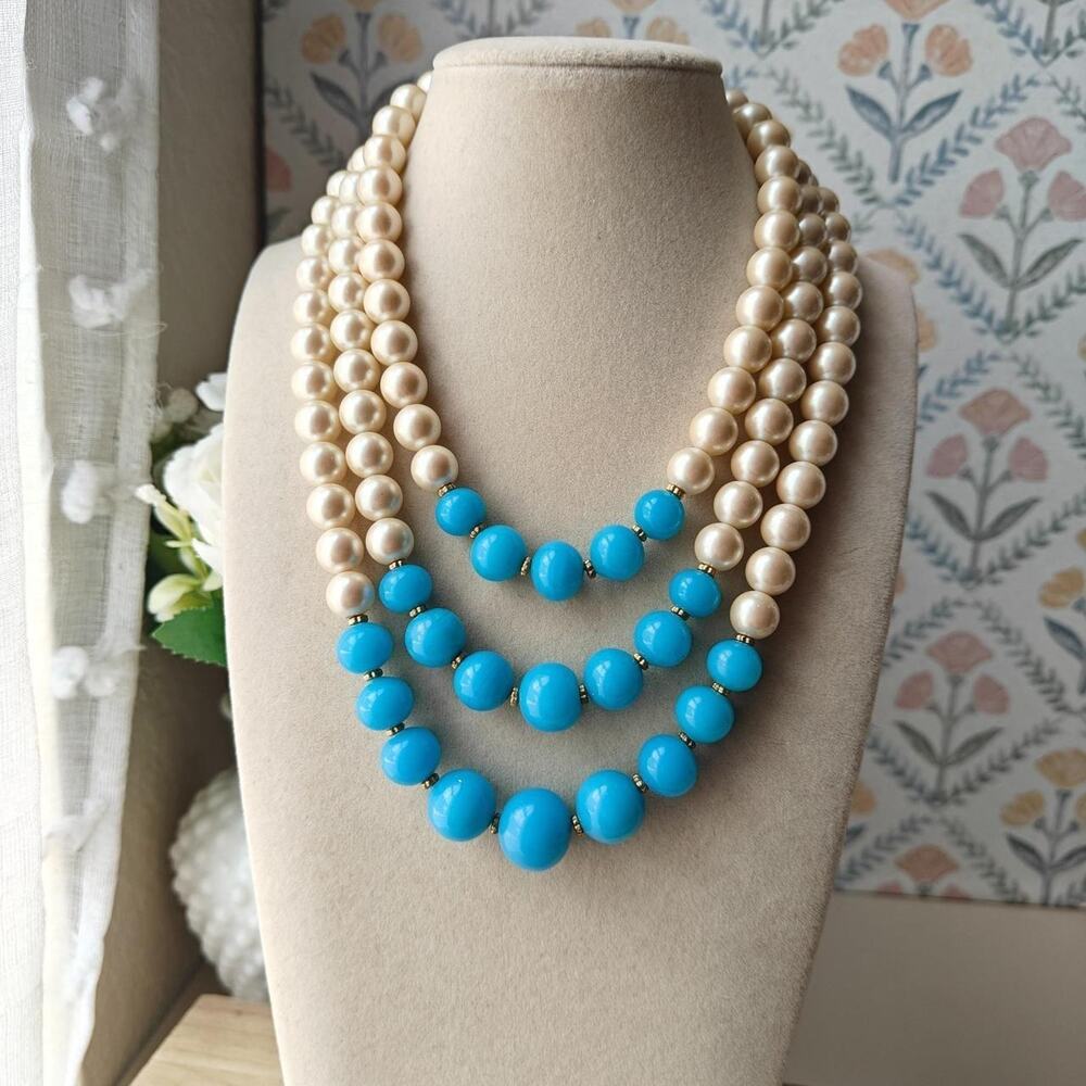 Vintage Signed Carolee Faux Pearl & Ocean Blue Beaded Three Strand Necklace